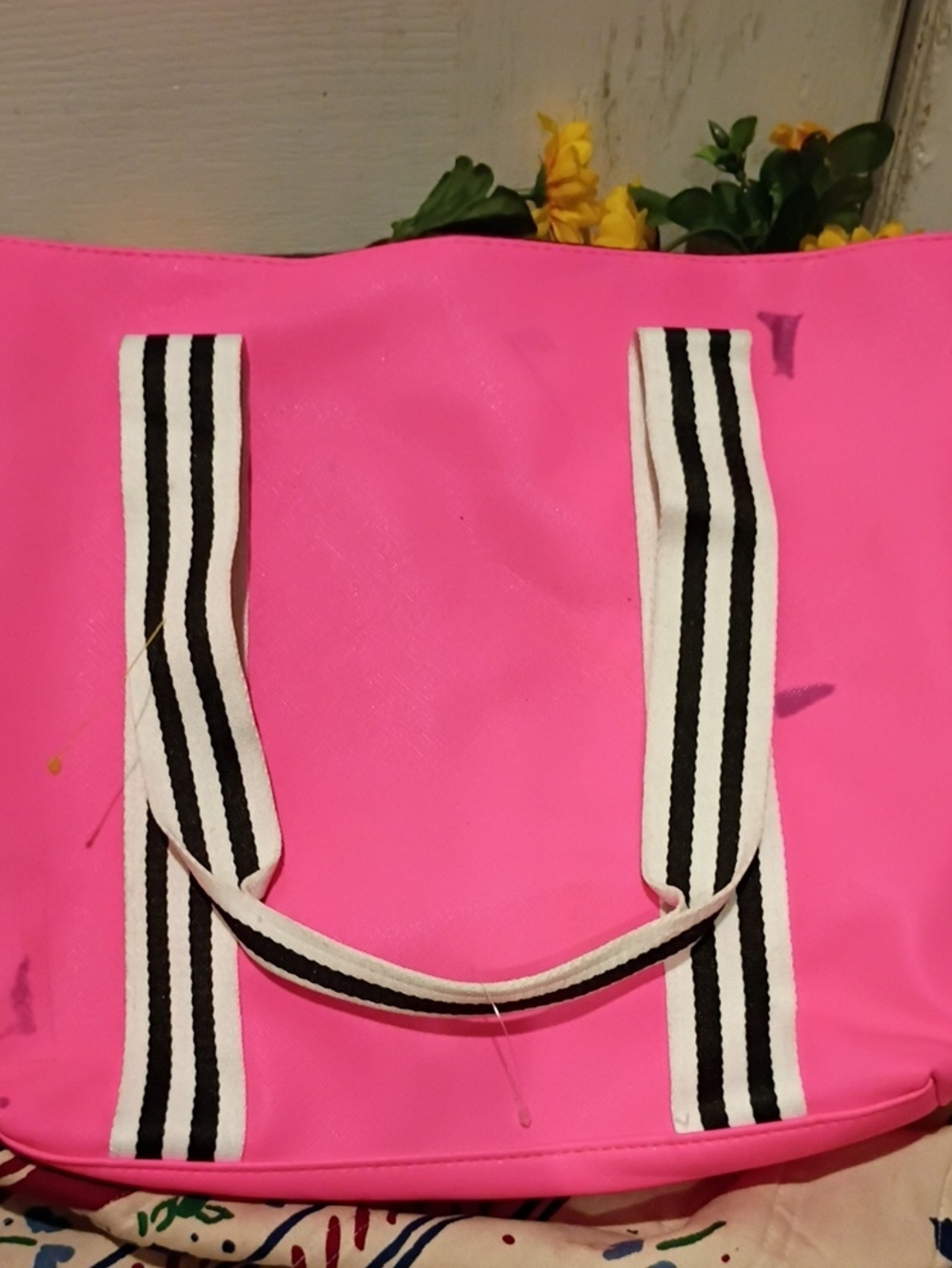 Vivid Pink Tote with Striped Black-and-White Handles